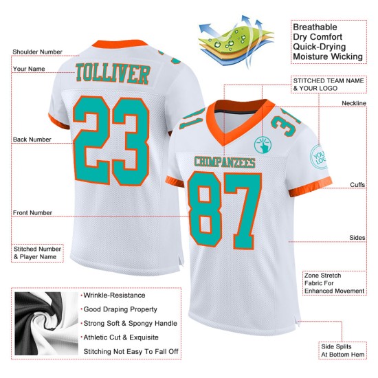 Custom White Aqua-Orange Mesh Authentic Football Jersey Custom White Aqua-Orange Mesh Authentic Football Jersey