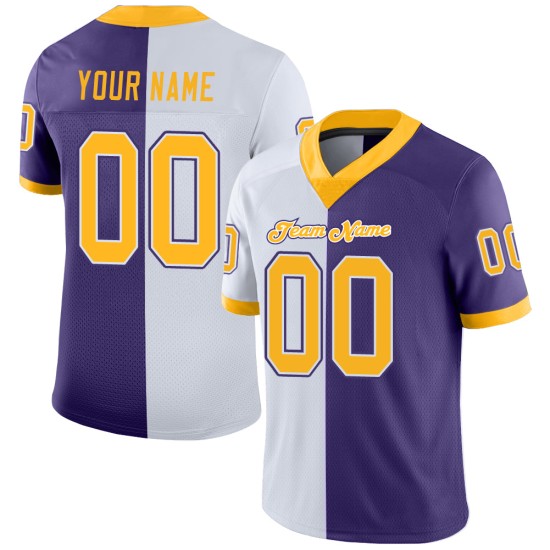 Custom Purple Gold-White Mesh Split Fashion Football Jersey Custom Purple Gold-White Mesh Split Fashion Football Jersey