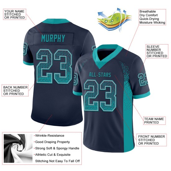 Custom Navy Teal-Gray Mesh Drift Fashion Football Jersey Custom Navy Teal-Gray Mesh Drift Fashion Football Jersey
