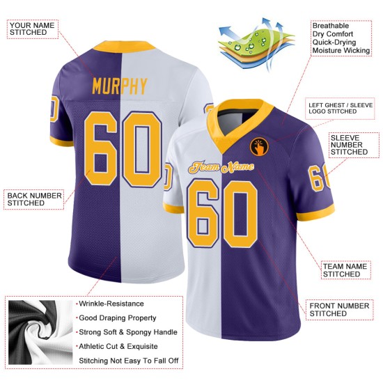 Custom Purple Gold-White Mesh Split Fashion Football Jersey Custom Purple Gold-White Mesh Split Fashion Football Jersey